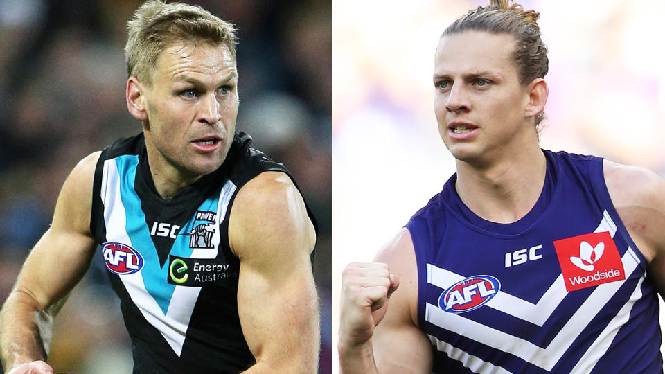 Kane Cornes is pictured next to Nat Fyfe ion a 50/50 split image.