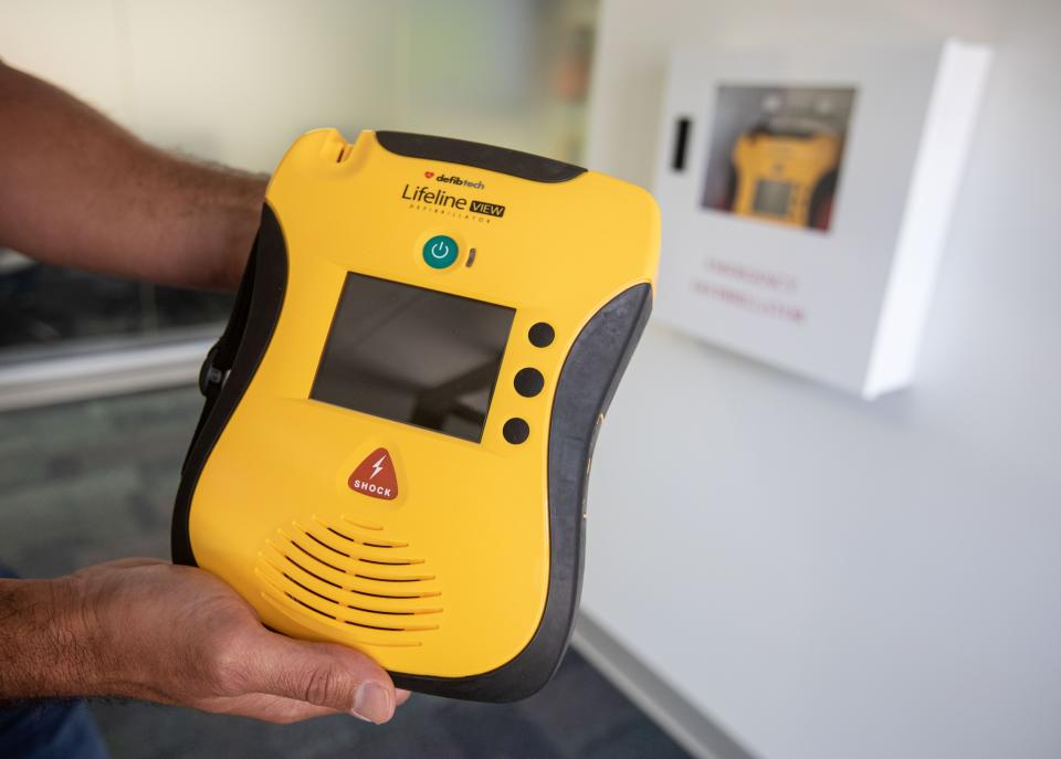 An automated external defibrillator (AED) at Defibtech, a company that makes the devices in Branford, Conn., July 31, 2023. The market for AEDs exploded after one was used to help save the life of Damar Hamlin of the Buffalo Bills after he suffered cardiac arrest during a game in January.