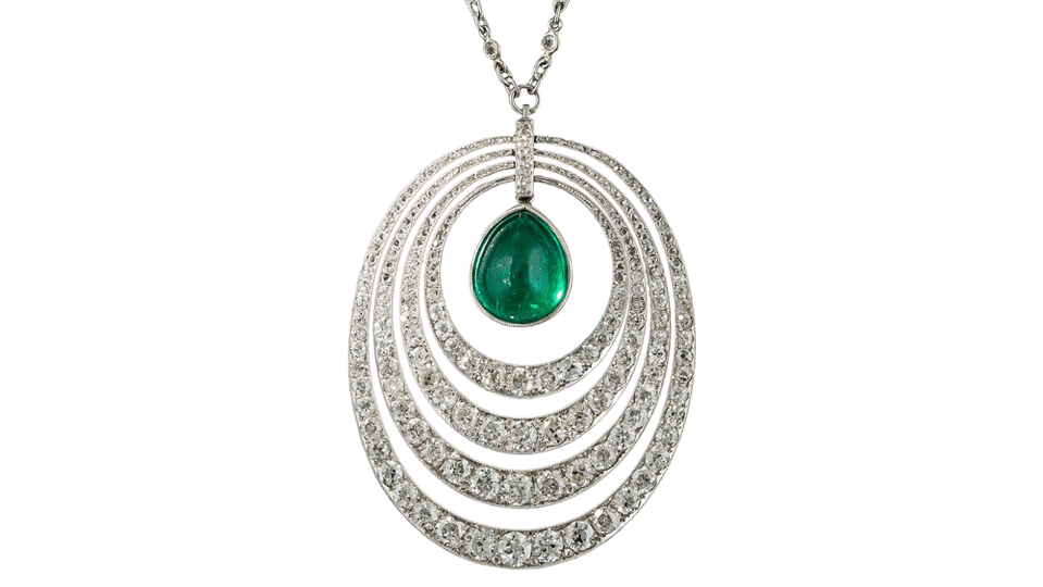 Art Deco Diamond Pendant with a 6.61-carat Emerald - Credit: Lang Antiques