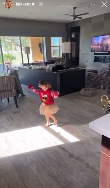 Ocean Kent Emmett dancing in Lala Kent's Palm Springs, California living room.