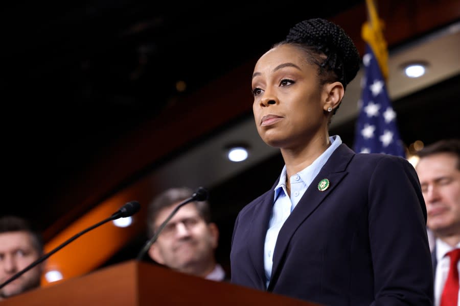 Rep. Shontel Brown (D-OH) speaks during a press conference on new legislation to support Holocaust education nationwide at the U.S. Capitol Building on Jan. 27, 2023, in Washington, D.C. A bipartisan group of House Members held the press conference to commemorate International Holocaust Remembrance Day and share their stories about their Jewish family members or Jewish constituents in their district. (Photo by Anna Moneymaker/Getty Images)