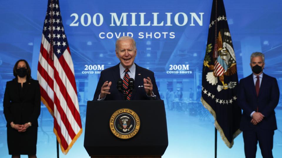 President Joe Biden has described the national COVID-19 vaccination campaign as a milestone for his administration and a "reminder of what we can accomplish when we pull together as one people to a common goal."