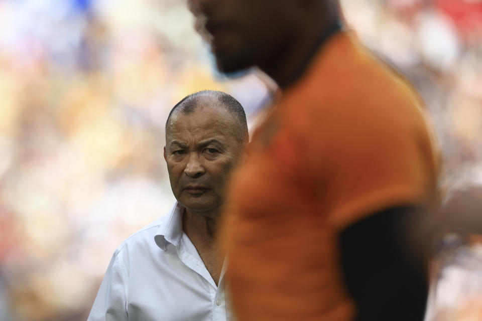 Australia's head coach Eddie Jones waits for the start of the Rugby World Cup Pool C match between Australia and Fiji at the Stade Geoffroy Guichard in Saint-Etienne, France, Sunday, Sept. 17, 2023. (AP Photo/Aurelien Morissard)