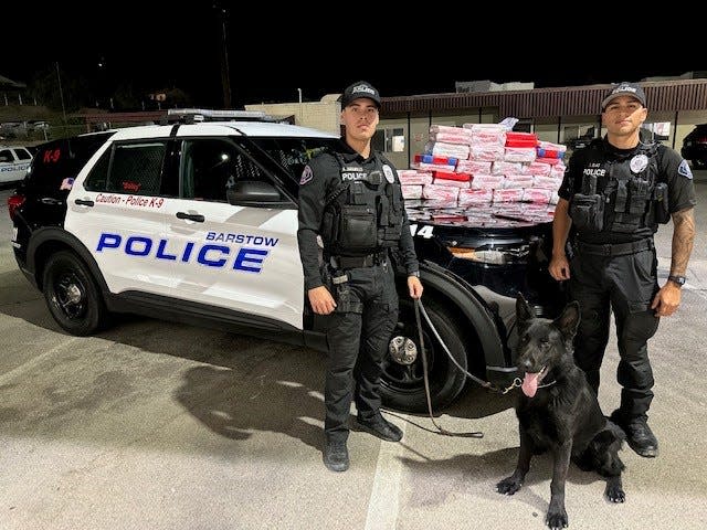 Barstow police said they seized 110 pounds of cocaine from a semi-truck driven by two Canada residents in a traffic stop shortly before midnight on Oct. 21, 2022.
