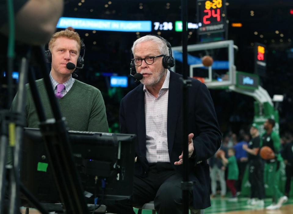 Scalabrine (left) works with Gorman during a pre-game show. Boston Globe via Getty Images