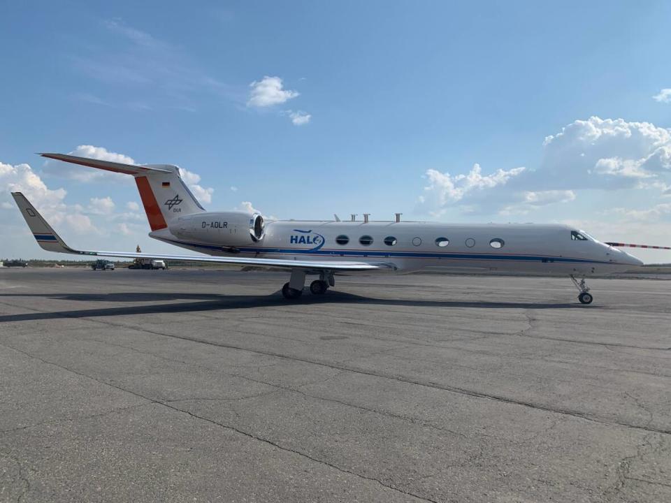 The High Altitude and Long Range Research Aircraft (HALO) pictured by the Yellowknife airport during the open house event. The plane is being used for research in the German Aerospace Centre's CoMet 2.0 Arctic Mission.  (Emma Grunwald/CBC - image credit)