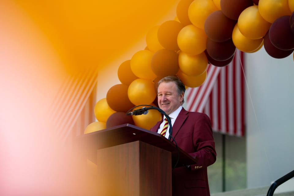 Florida State President Richard McCullough speaks to Seminole fans in Capitol courtyard for FSU Day at the Capitol on Tuesday, March 21, 2023. 