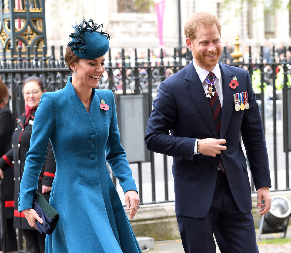 LONDON, ENGLAND - APRIL 25: Catherine, Duchess of Cambridge and Prince Harry, Duke of Sussex attend the ANZAC Day Service of Commemoration and Thanksgiving at Westminster Abbey on April 25, 2019 in London, United Kingdom. (Photo by Karwai Tang/WireImage)