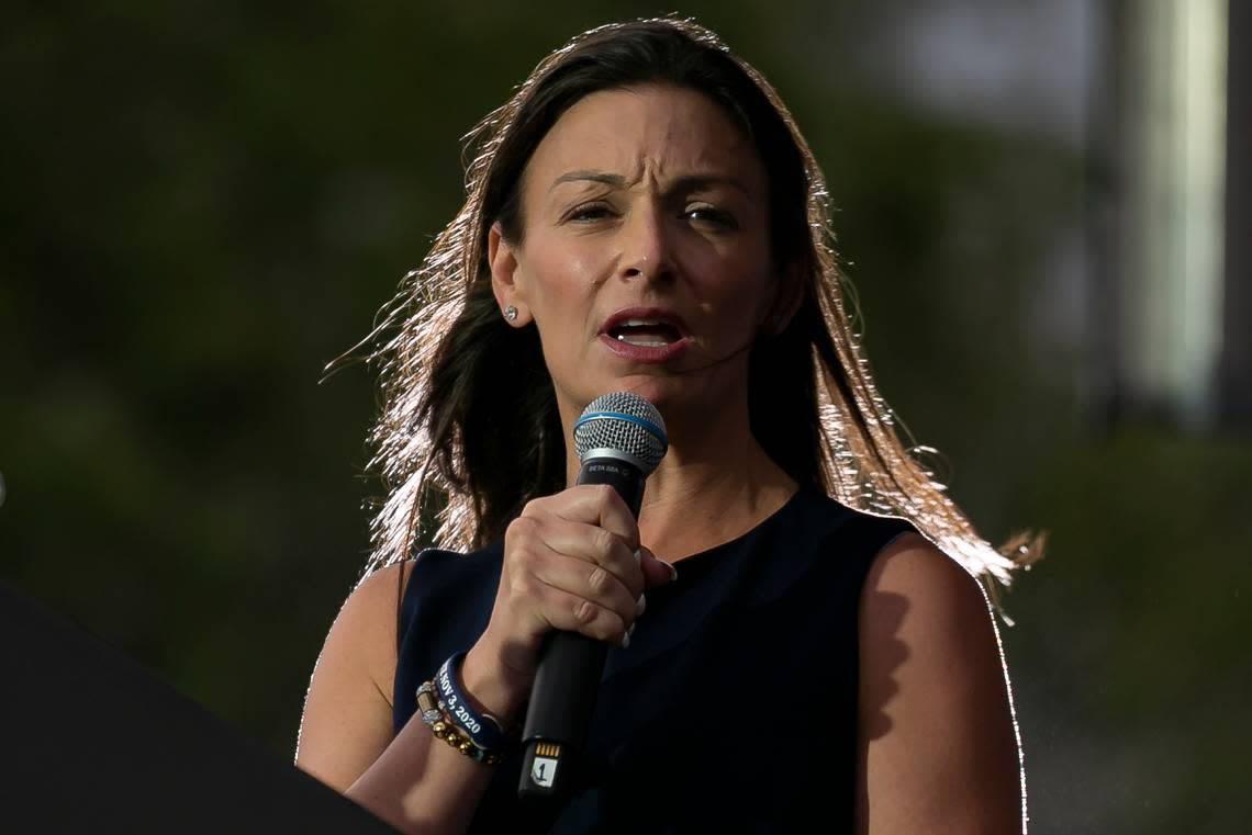 Commissioner of Agriculture Nikki Fried speaks during a Barack Obama drive-in rally in support of Joe Biden near Florida International University in Miami, Florida, on Monday, Nov. 2, 2020.