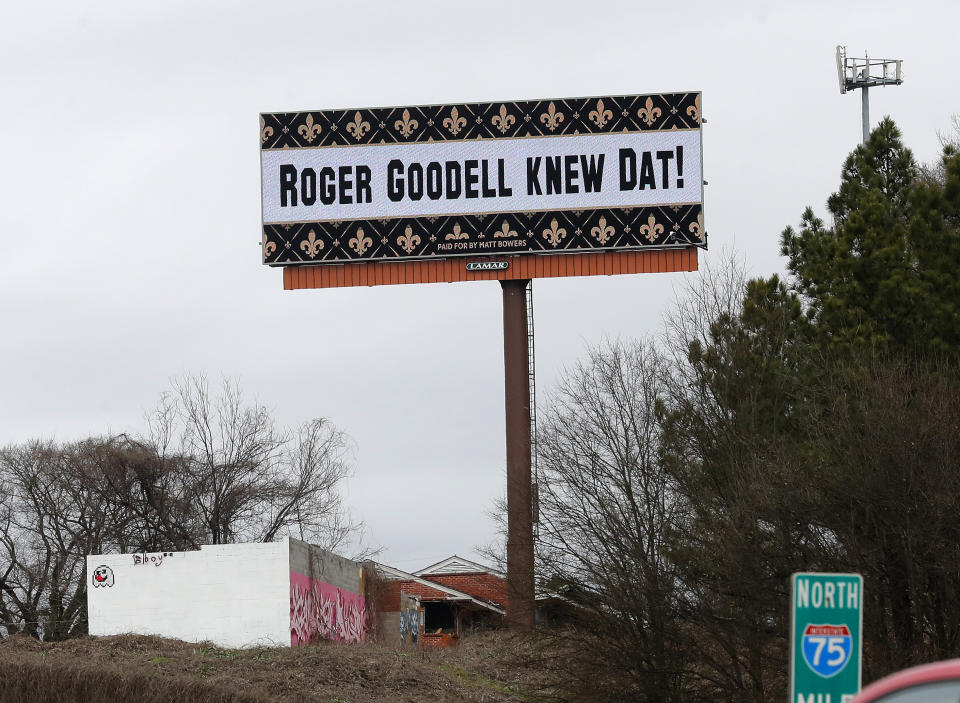 A billboard protesting a controversial call in Sunday's NFL football game between the New Orleans Saints and Los Angeles Rams is shown along I75 near Hartsfield Jackson Atlanta International Airport in Atlanta Tuesday, Jan. 22, 2019. (AP Photo/John Bazemore)