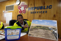 Republic Services Operations manager Gabe Gonzalez shows compost mounds being cured at the Otay Landfill in Chula Vista, Calif., on Friday, Jan. 26, 2024. Two years after California launched an effort to keep organic waste out of landfills, the state is so far behind on getting food recycling programs up and running that it's widely accepted next year's ambitious waste-reduction targets won't be met.(AP Photo/Damian Dovarganes)