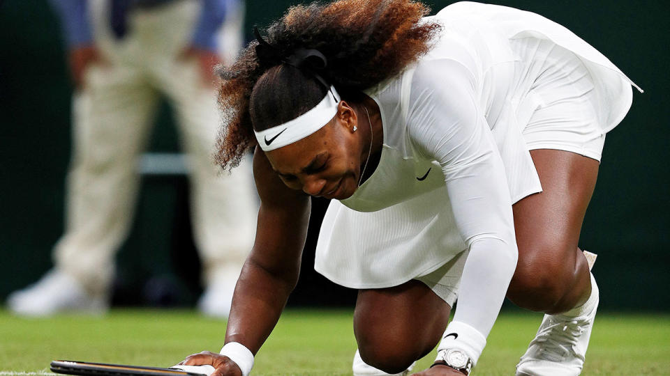 Serena Williams, pictured here slipping and injuring her right leg at Wimbledon.
