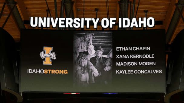 PHOTO: A photo and the names of four University of Idaho students who were killed over the weekend at a residence near campus are displayed during a moment of silence, Wednesday, Nov. 16, 2022, in Moscow, Idaho. (Ted S. Warren/AP)