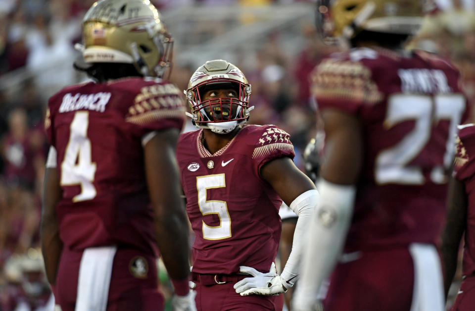 Oct 1, 2022; Tallahassee, Florida, USA; Florida State Seminoles defensive end Jared Verse (5) reacts to losing the game against the Wake Forest Demon Deacons at Doak S. Campbell Stadium. Mandatory Credit: Melina Myers-USA TODAY Sports