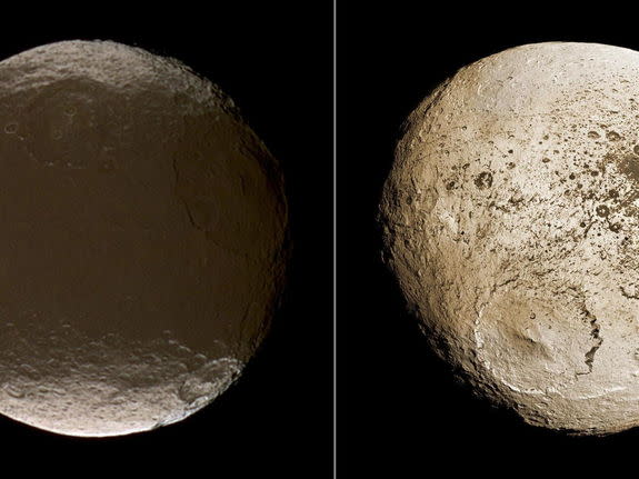 These two global images of Iapetus show the extreme brightness dichotomy on the surface of this peculiar Saturnian moon. The left-hand panel shows the moon's leading hemisphere and the right-hand panel shows the moon's trailing side. Image publ
