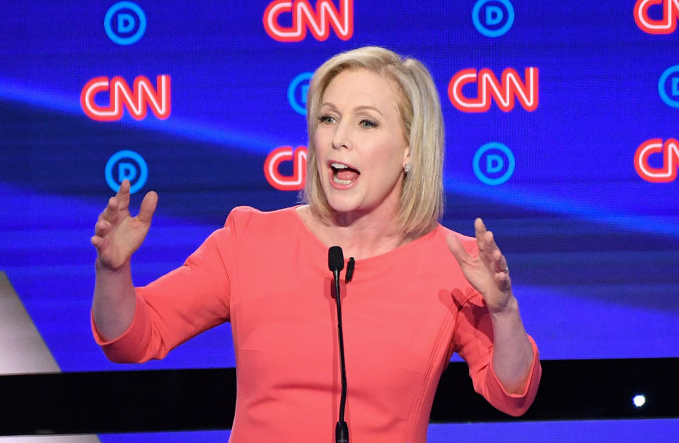Democratic presidential hopeful US Senator from New York Kirsten Gillibrand speaks during the second round of the second Democratic primary debate of the 2020 presidential campaign season hosted by CNN at the Fox Theatre in Detroit, Michigan on July 31, 2019. | Jim Watson—AFP/Getty Images