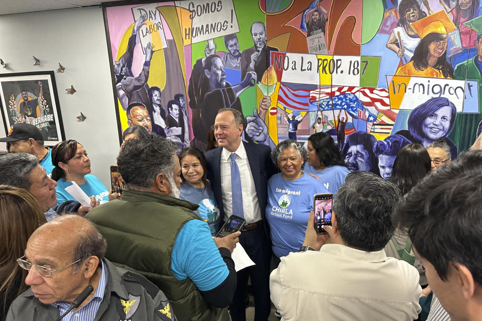 Rep. Adam Schiff, D-Calif., speaks to supporters at the headquarters of the advocacy group, the Coalition for Humane Immigrant Rights of Los Angeles, Feb. 17, 2024. The possibility of record-low turnout in California’s U.S. Senate race is elevating the chances of Republican former baseball star Steve Garvey to advance to the general election in November. The Democratic side has been dominated for months by Schiff, who has been leading the crowded field in fundraising and polling for the seat once held by the late Sen. Dianne Feinstein. (AP Photo/Michael R. Blood)