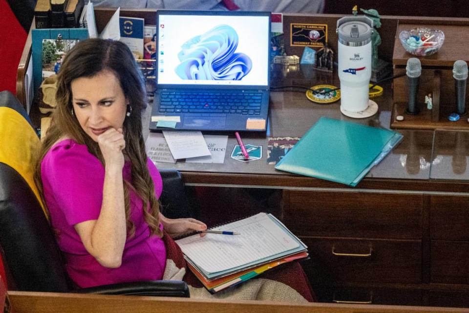 Rep. Tricia Cotham, a Mecklenburg County Republican and former Democrat, listens to debate on Senate Bill 20, the abortion restrictions bill, during a House veto override debate on Tuesday, May 16, 2023 at the Legislative Building in Raleigh, N.C.