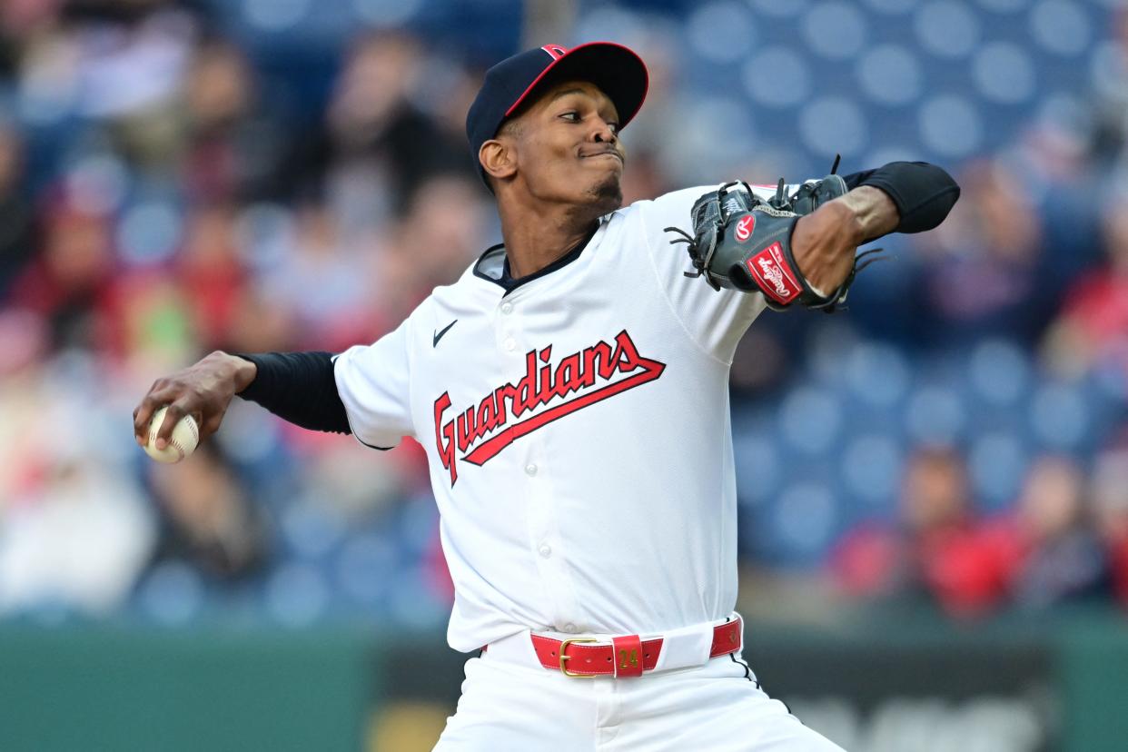 Apr 19, 2024; Cleveland, Ohio, USA; Cleveland Guardians starting pitcher Triston McKenzie (24) throws a pitch during the first inning against the Oakland Athletics at Progressive Field. Mandatory Credit: Ken Blaze-USA TODAY Sports