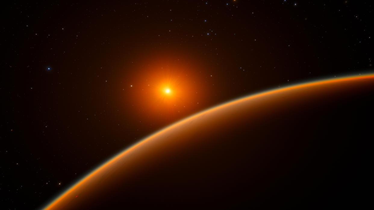  Artist's illustration of the limb of a brownish exoplanet, with its small orange host star in the background. 