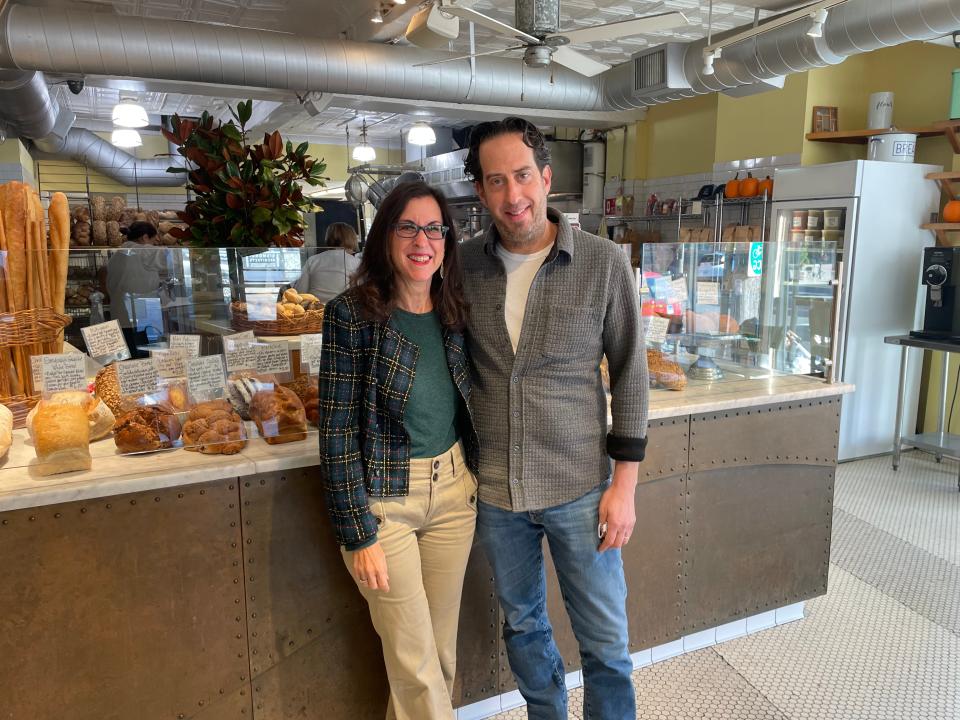 Lohud Food & Dining Reporter Jeanne Muchnick with Jeffrey Kohn who owns The Kneaded Bread with his wife, Jennifer. The bakery has been in Port Chester for 25 years. Photographed Oct. 19, 2023