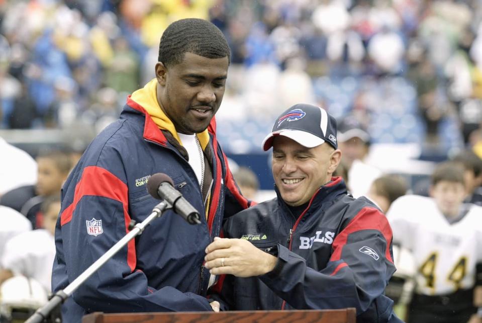 <div class="inline-image__title">82728106</div> <div class="inline-image__caption"><p>"ORCHARD PARK, NY - SEPTEMBER 7: Former Buffalo Bills player Kevin Everett hugs Buffalo Bills surgeon Andrew Cappucino after Everett received the George Halas award during halftime of the Seattle Seahawks and Buffalo Bills game at Ralph Wilson Stadium on September 7, 2008 in Orchard Park, New York. Everett received a severe spinal cord injury during Buffalo's first game of the 2007 season against the Denver Broncos.Cappucino was credited with giving Everett treatment that enabled Everrett to recover. (Photo by Rick Stewart/Getty Images)"</p></div> <div class="inline-image__credit">Rick Stewart</div>