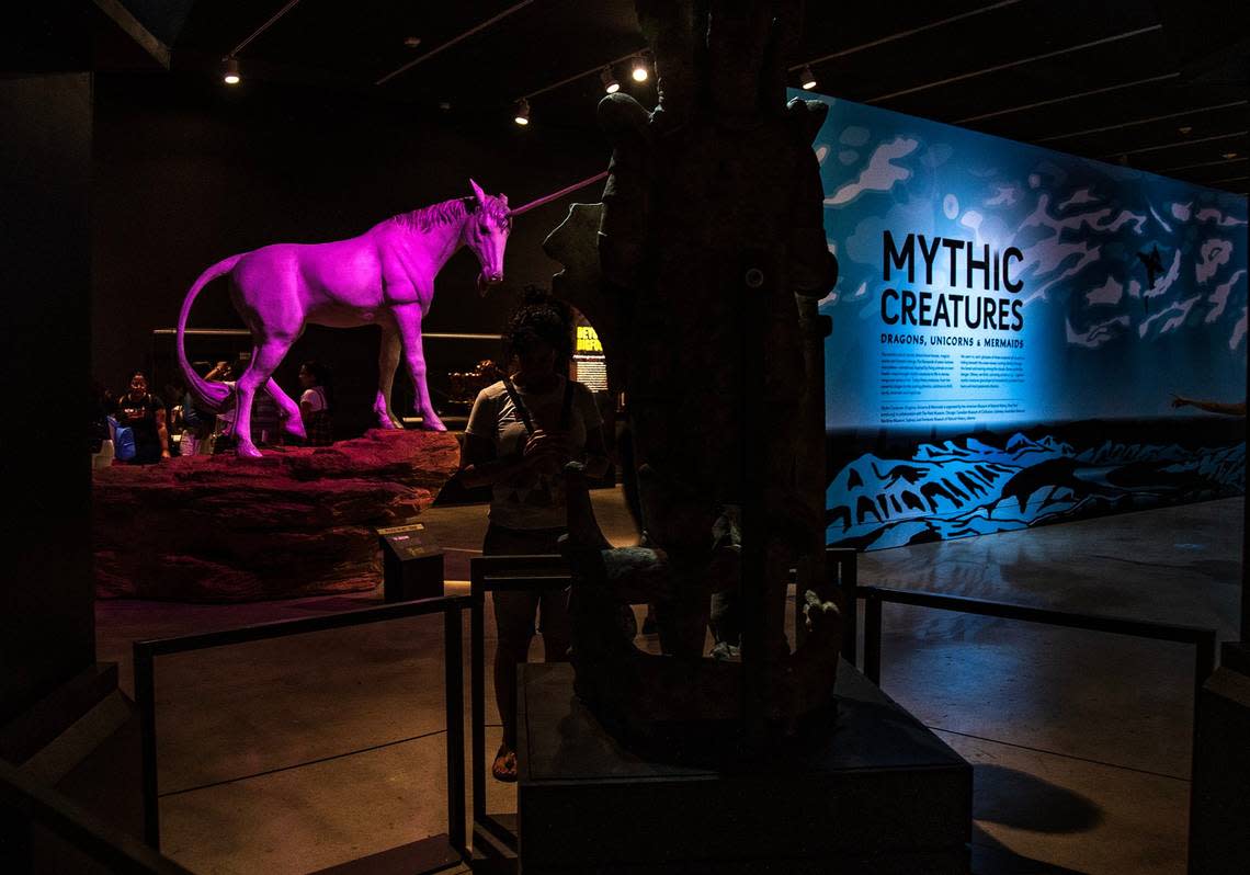View of a 10-foot-long unicorn, at the entrance to the “Mythic Creatures: Dragons, Unicorns & Mermaids”, exhibition on display at the HistoryMiami Museum, The exhibition opening on July 8th, traces the natural and cultural roots of some of the world’s most enduring mythological creatures from Asia, Europe, the Americas, and beyond, and even how Miamians embrace their own mythic fantasies. Organized by theAmerican Museum of Natural History in New York, on Saturday, July 08, 2023. Pedro Portal/pportal@miamiherald.com
