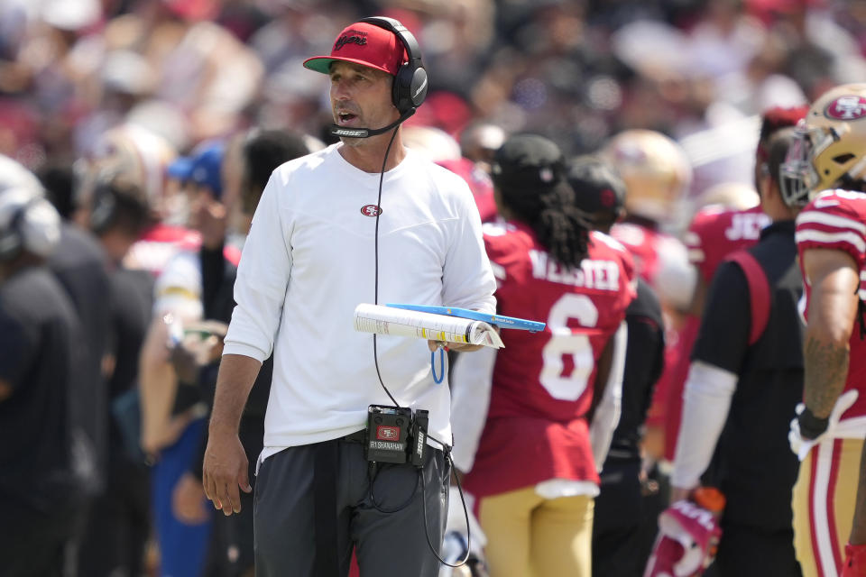 San Francisco 49ers head coach Kyle Shanahan walks on the sideline during the first half of an NFL preseason football game against the Las Vegas Raiders in Santa Clara, Calif., Sunday, Aug. 29, 2021. (AP Photo/Tony Avelar)