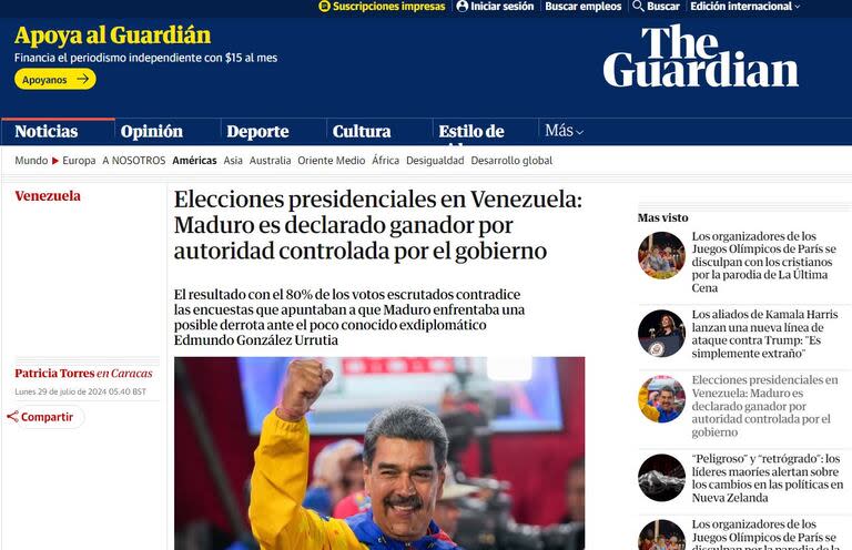 La tapa de The Guardian, sobre las elecciones en Venezuela