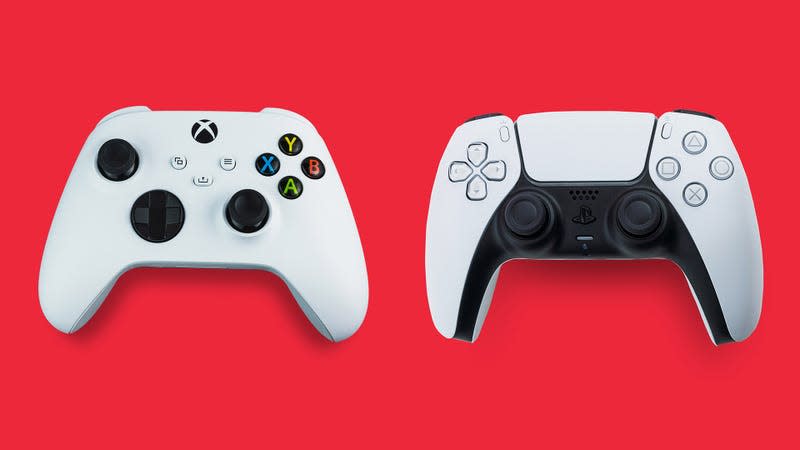An Xbox Series S controllers sits next to a PS5 controller on a red background.