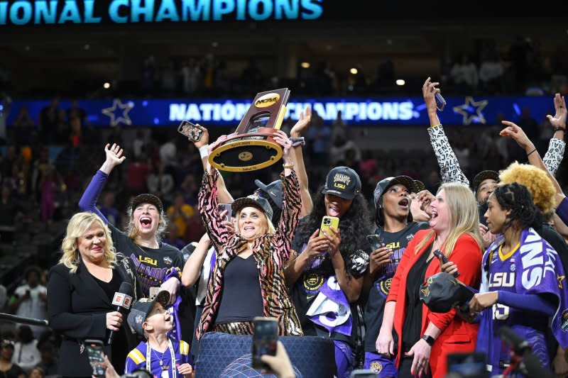 LSU Tigers women's basketball coach Kim Mulkey (C) said she expects forward Angel Reese to return "sooner than later." File Photo by Ian Halperin/UPI