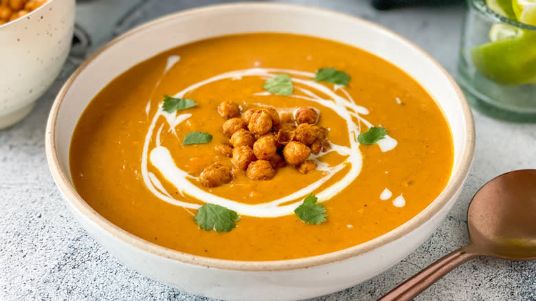 Sweet potato curry soup in bowl