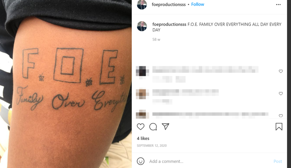 Brian Coulter shows off a tattoo reading “FOE Family Over Everything” on his Instagram (Instagram)