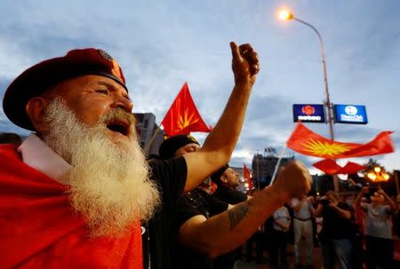 Protestors shout slogans against the change of the country's constitutional name in front of the Parliament building in Skopje, Macedonia June 23, 2018. REUTERS/Ognen Teofilovski