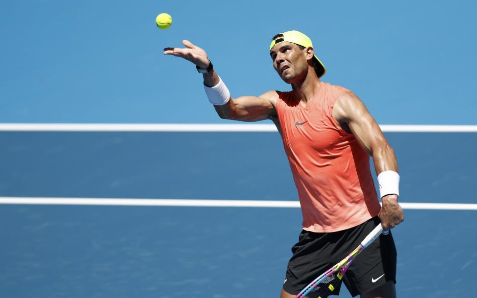 Rafael Nadal of Spain serves during a practice session ahead of the 2023 Australian Open at Melbourne Park on January 06, 2023 in Melbourne, Australia