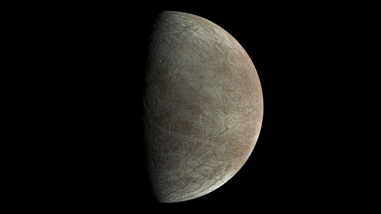  A view of Jupiter's moon Europa captured by NASA's Juno mission during its Sept. 29, 2022, close flyby at the moon. The spacecraft was 945 miles (1,500 kilometers) above the moon's surface when the image was taken. 