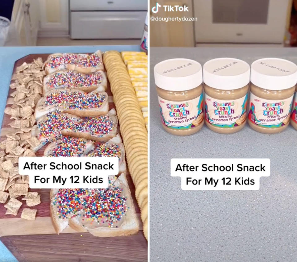 L: A snack tray with crackers and fairy bread. R: Tubs of Cinnamon Toast Crunch creamy cinnamon spread