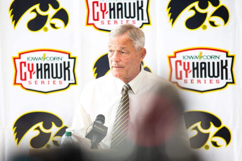 Iowa head coach Kirk Ferentz speaks with reporters during a news conference, Tuesday, Sept. 6, 2022, at the Hansen Football Performance Center in Iowa City, Iowa.<br>220906 Kirk Ferentz Ia 005 Jpg