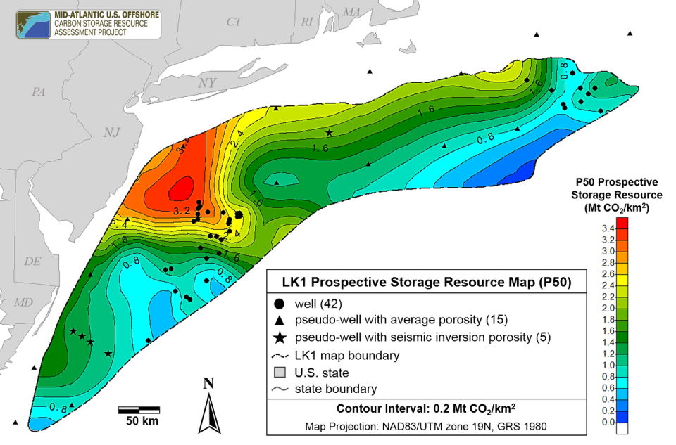 A map showing undersea storage options in the vicinity of offshore wind farm lease areas.