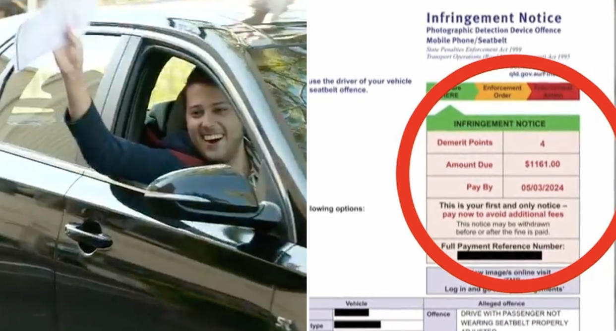 Left, Mike Gambaro waves the letter announcing his seatbelt fine had been waived out of his car window. Right, the original $1100 seatbelt infringement. 