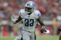 Detroit Lions running back Kerryon Johnson (33) runs against the Arizona Cardinals during the first half of an NFL football game, Sunday, Sept. 8, 2019, in Glendale, Ariz. (AP Photo/Darryl Webb)