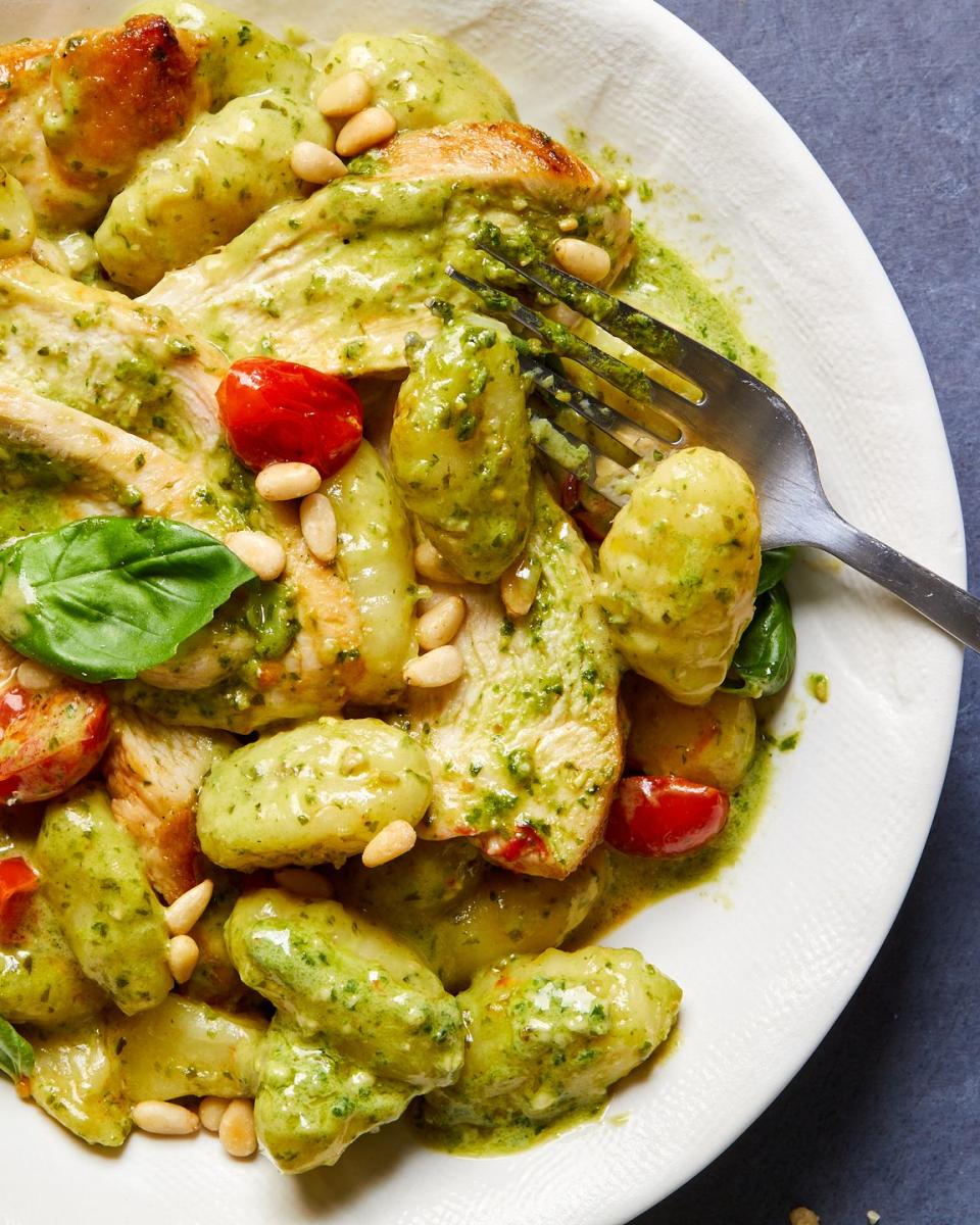 creamy pesto baked gnocchi and chicken skillet