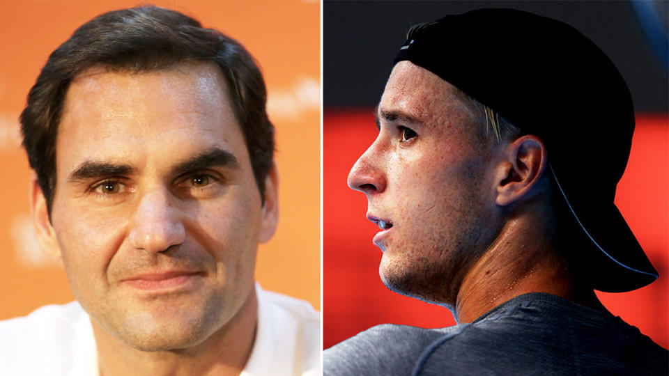 Andrew Harris (pictured right) looking up during a tennis match and Roger Federer (pictured left) answering questions from reporters.