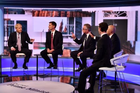 Boris Johnson, Jeremy Hunt, Michael Gove, Sajid Javid and Rory Stewart appear on BBC TV's debate with candidates vying to replace British PM Theresa May, in London