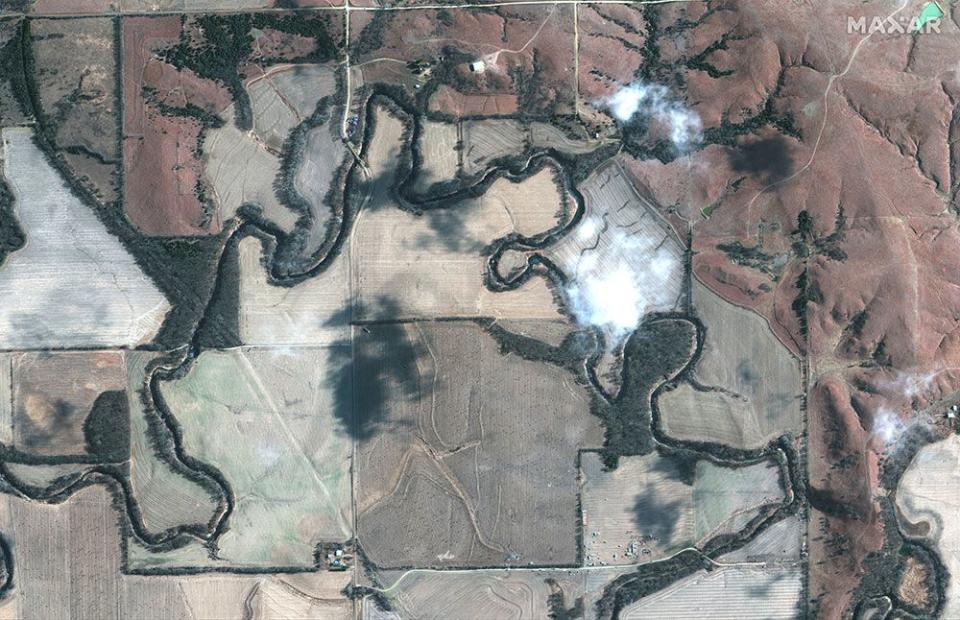  A satellite image shows an overview of the crude oil spill along Mill Creek following the leak at the Keystone pipeline operated by TC Energy.