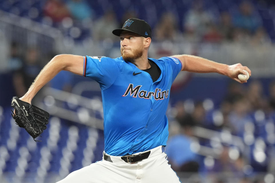 Miami Marlins starting pitcher A.J. Puk throws during the first inning of a baseball game against the Los Angeles Angels, Wednesday, April 3, 2024, in Miami. (AP Photo/Marta Lavandier)