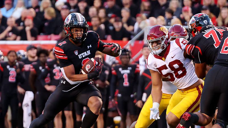 Utah running back Micah Bernard looks for yardage during game against USC at Rice-Eccles Stadium in Salt Lake City on Saturday, Oct. 15, 2022. After testing the transfer portal, Bernard opted to return to the Utes.