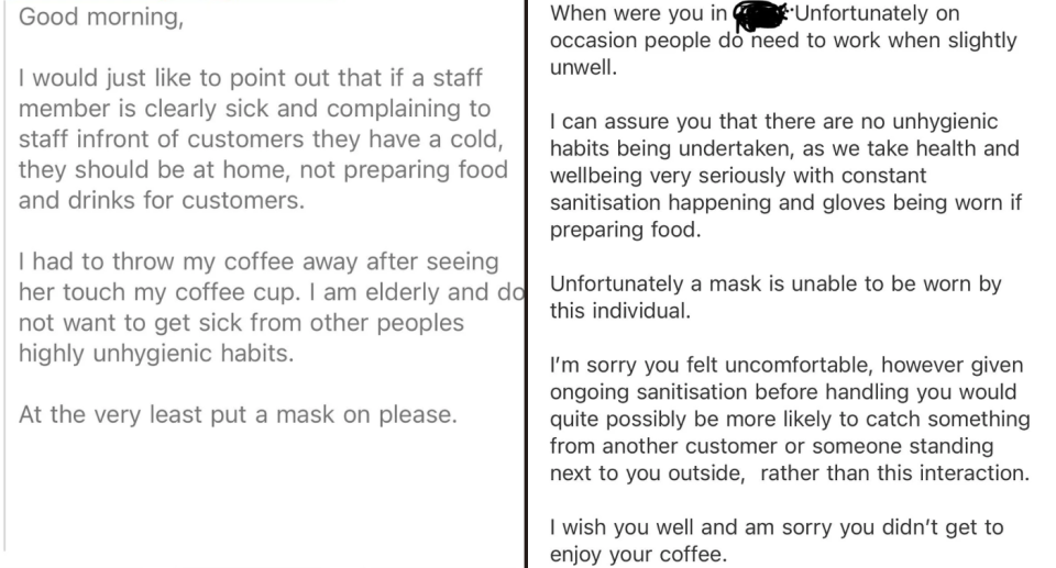 Email exchange between a cafe and a customer