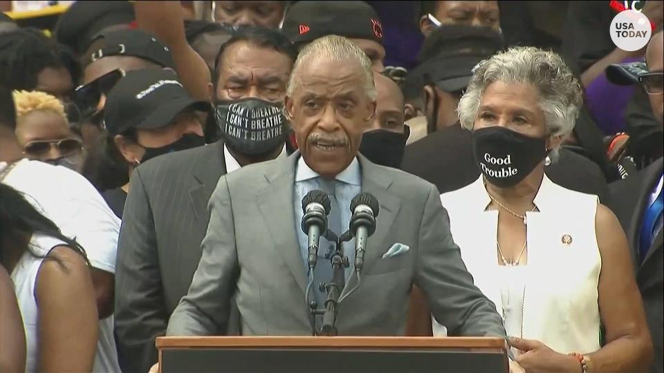 Rev. Al Sharpton speaks on saying 'Black lives matter' during his speech at the 57th anniversary of the March on Washington.