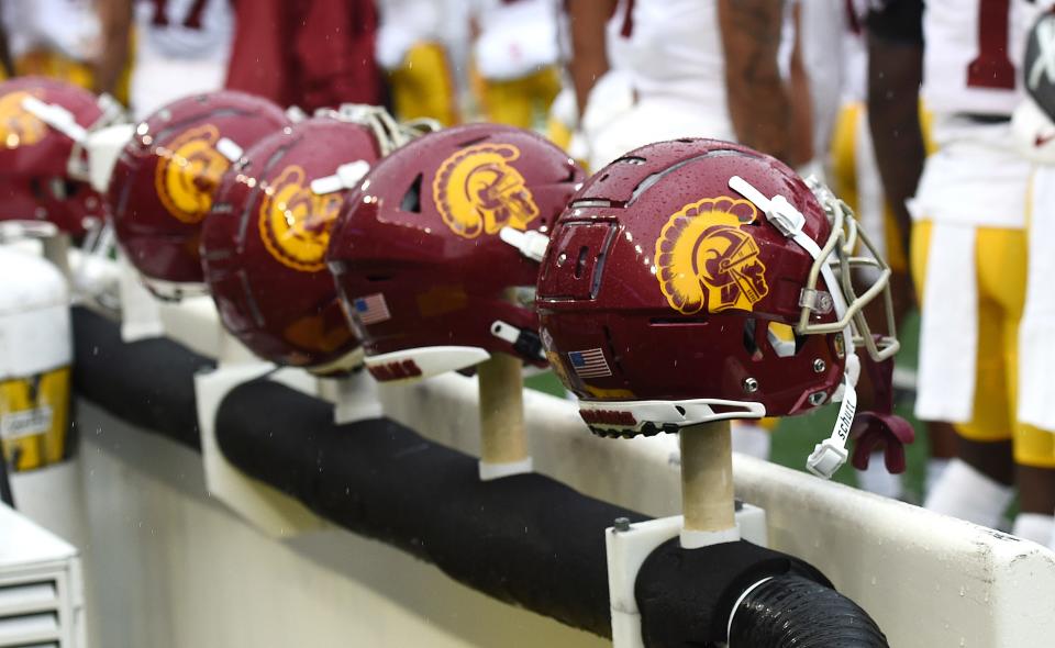 Sep 18, 2021; Pullman, Washington, USA; USC Trojans helmets sit during a game against the Washington State Cougars in the first half at Gesa Field at Martin Stadium.